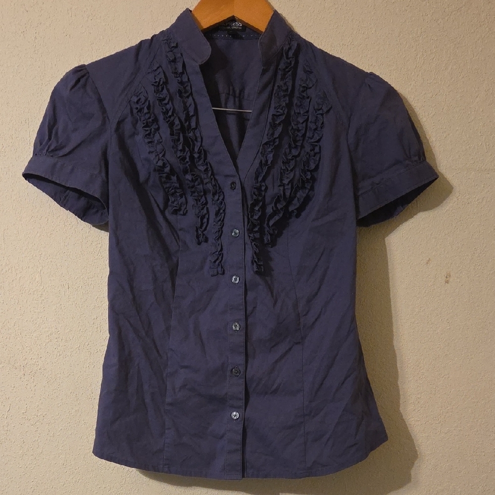Purple Puff Sleeve Ruffled Blouse with Mandarin Collar